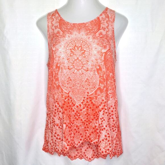 ALYA Orange Boho Mandala Eyelet Tank Cutout Scalloped Bottom Edge Size Large - Picture 1 of 9